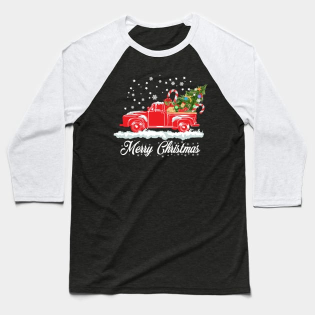 Merry Christmas Retro Vintage Red Truck Baseball T-Shirt by Kimko